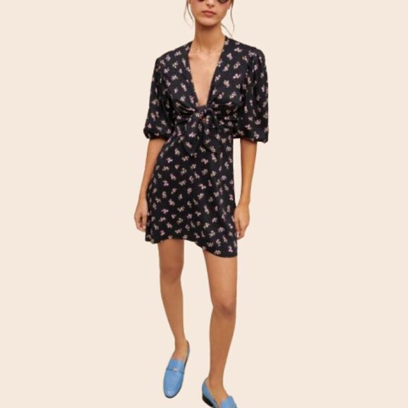 Maje Black & Pink Floral Mini Bow Dress Size 34 / XS - Picture 1 of 16